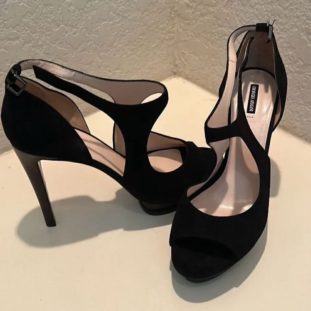Giorgio Armani Women's 40.5 Black Suede Ankle Strap Cutout Pump Heels Evening